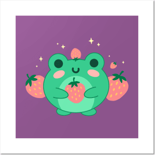 Neon Green Kawaii Frog, Blushing Strawberry, Retro Japanese Aesthetic Posters and Art